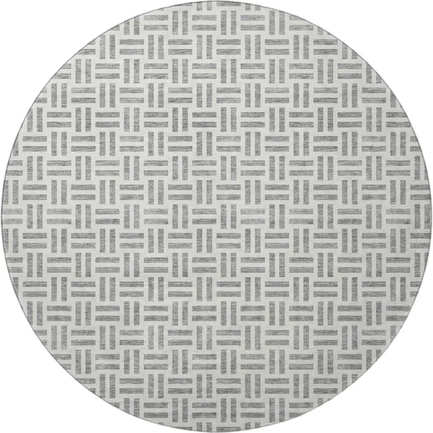 8' Gray And Ivory Geometric Washable Round Rug With UV Protection Photo 3