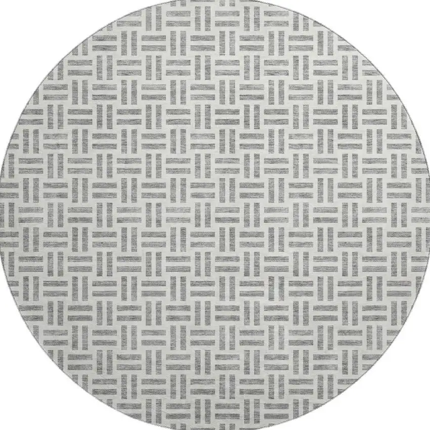 8' Gray And Ivory Geometric Washable Round Rug With UV Protection Photo 2