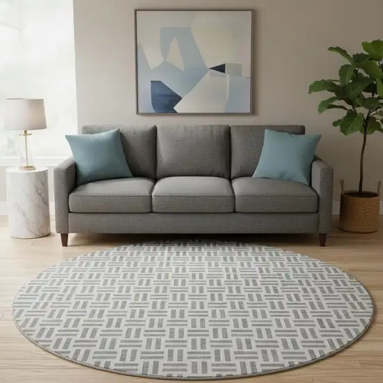8' Gray And Ivory Geometric Washable Round Rug With UV Protection Photo 2