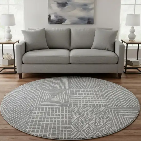 8' Gray And Ivory Geometric Washable Round Rug With UV Protection Photo 2