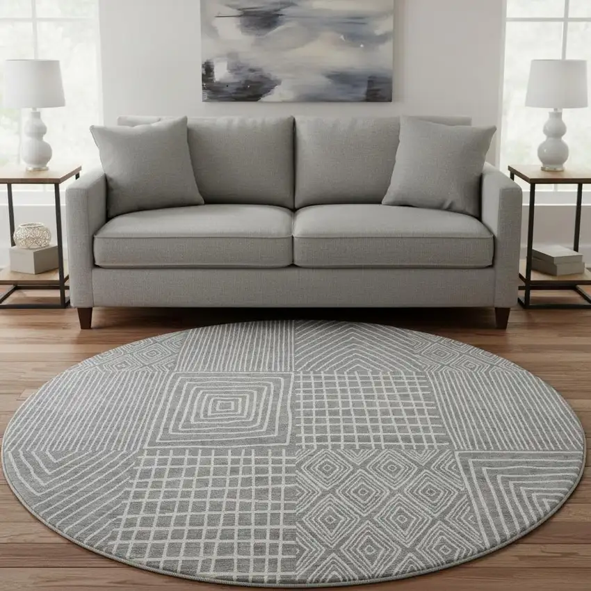 8' Gray And Ivory Geometric Washable Round Rug With UV Protection Photo 2