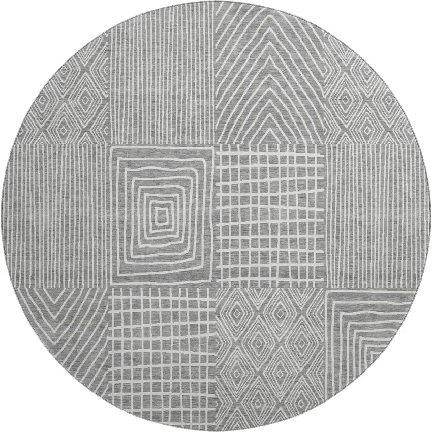 8' Gray And Ivory Geometric Washable Round Rug With UV Protection Photo 1