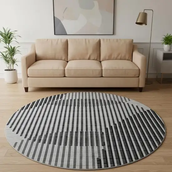 8' Gray And Ivory Geometric Washable Round Rug With UV Protection Photo 2