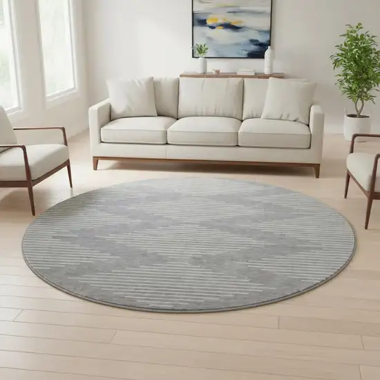 8' Gray And Ivory Geometric Washable Round Rug With UV Protection Photo 2