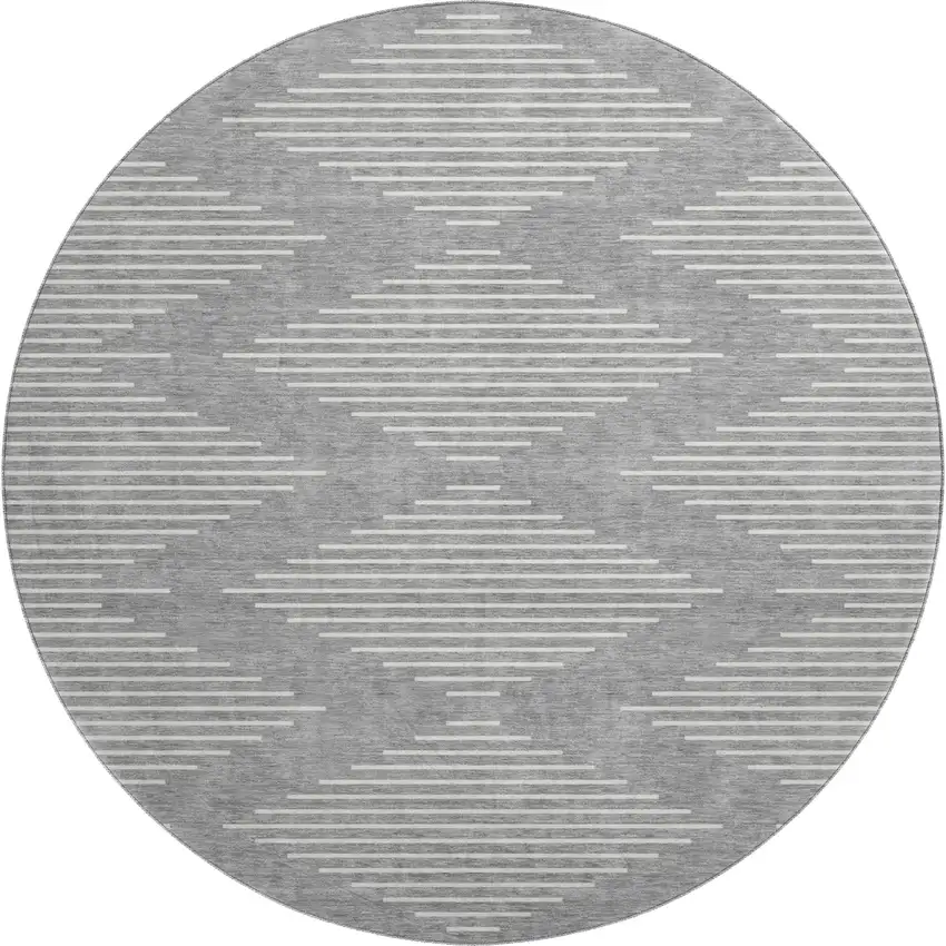 8' Gray And Ivory Geometric Washable Round Rug With UV Protection Photo 1