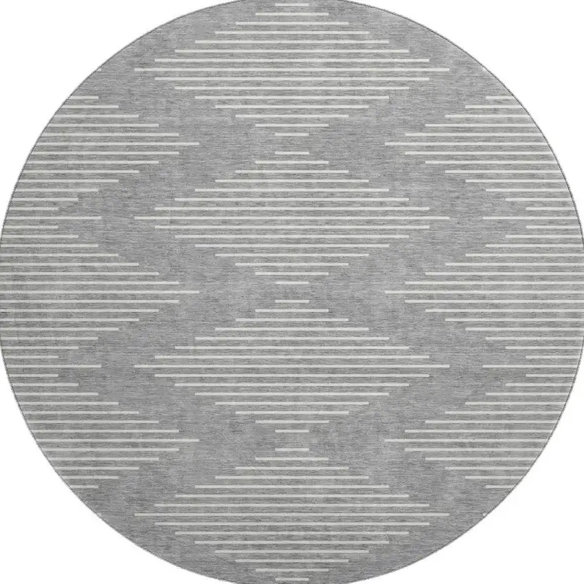 8' Gray And Ivory Geometric Washable Round Rug With UV Protection Photo 3