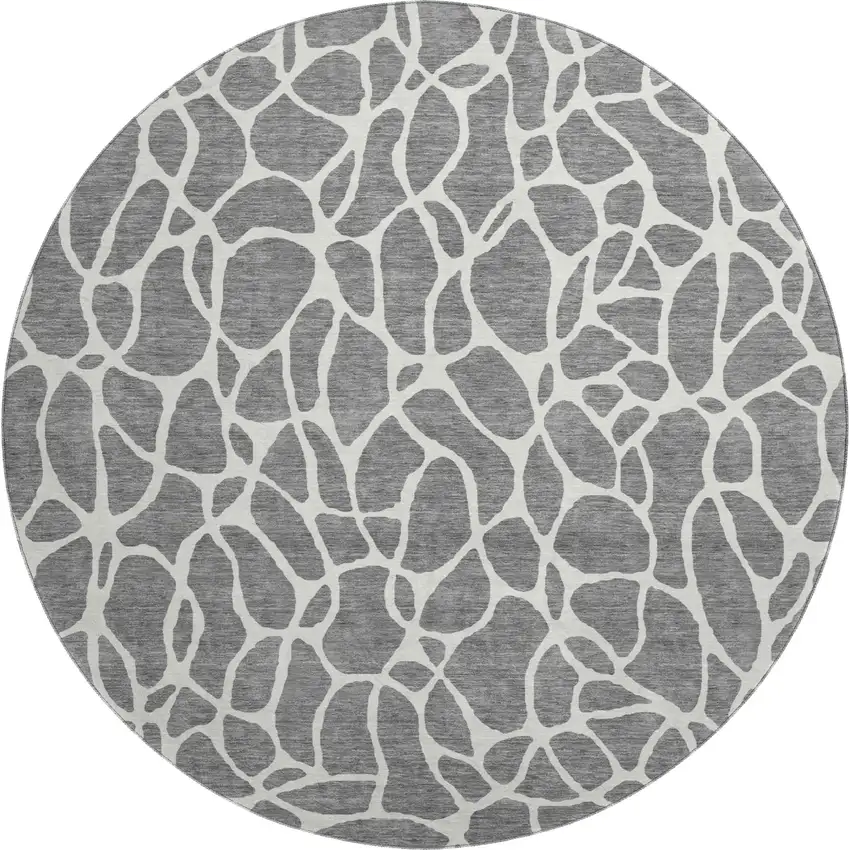 8' Gray And Ivory Geometric Washable Round Rug With UV Protection Photo 1