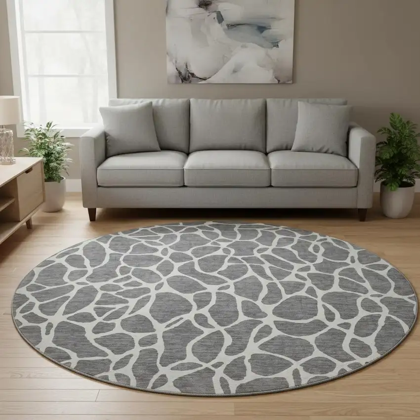 8' Gray And Ivory Geometric Washable Round Rug With UV Protection Photo 2
