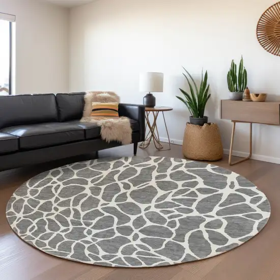 8' Gray And Ivory Geometric Washable Round Rug With UV Protection Photo 3