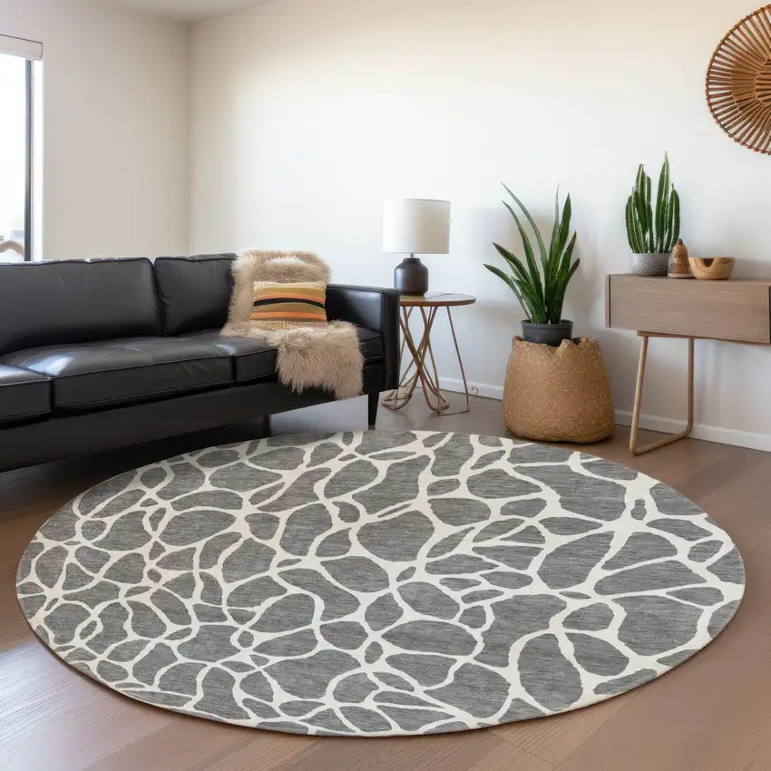 8' Gray And Ivory Geometric Washable Round Rug With UV Protection Photo 3