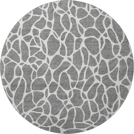 8' Gray And Ivory Geometric Washable Round Rug With UV Protection Photo 2