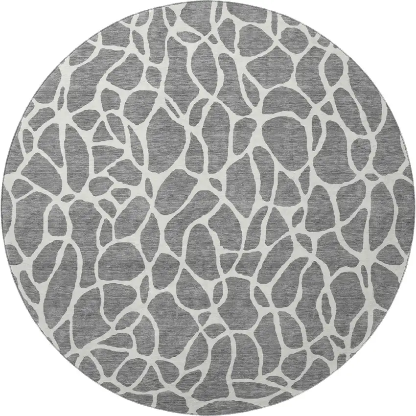 8' Gray And Ivory Geometric Washable Round Rug With UV Protection Photo 2