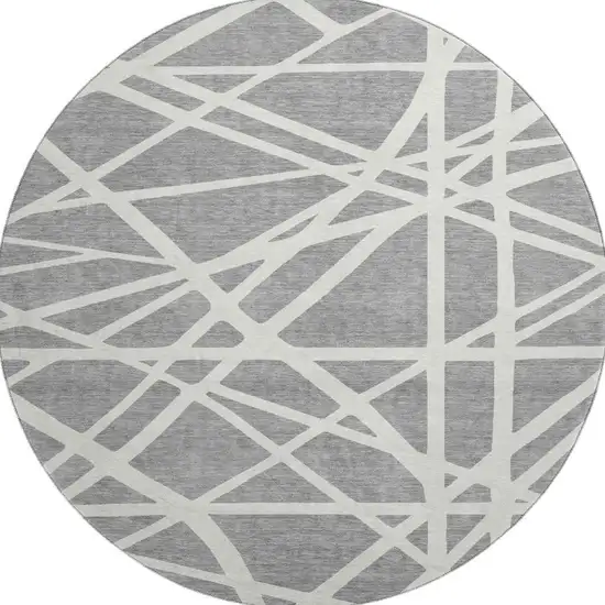 8' Gray And Ivory Geometric Washable Round Rug With UV Protection Photo 3