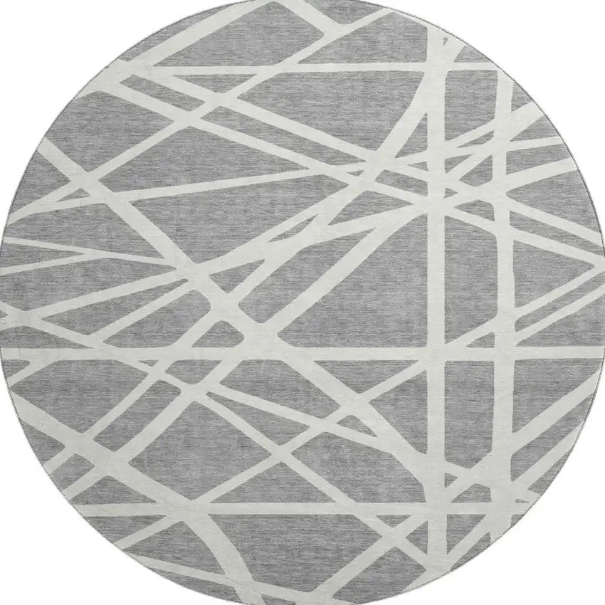 8' Gray And Ivory Geometric Washable Round Rug With UV Protection Photo 3