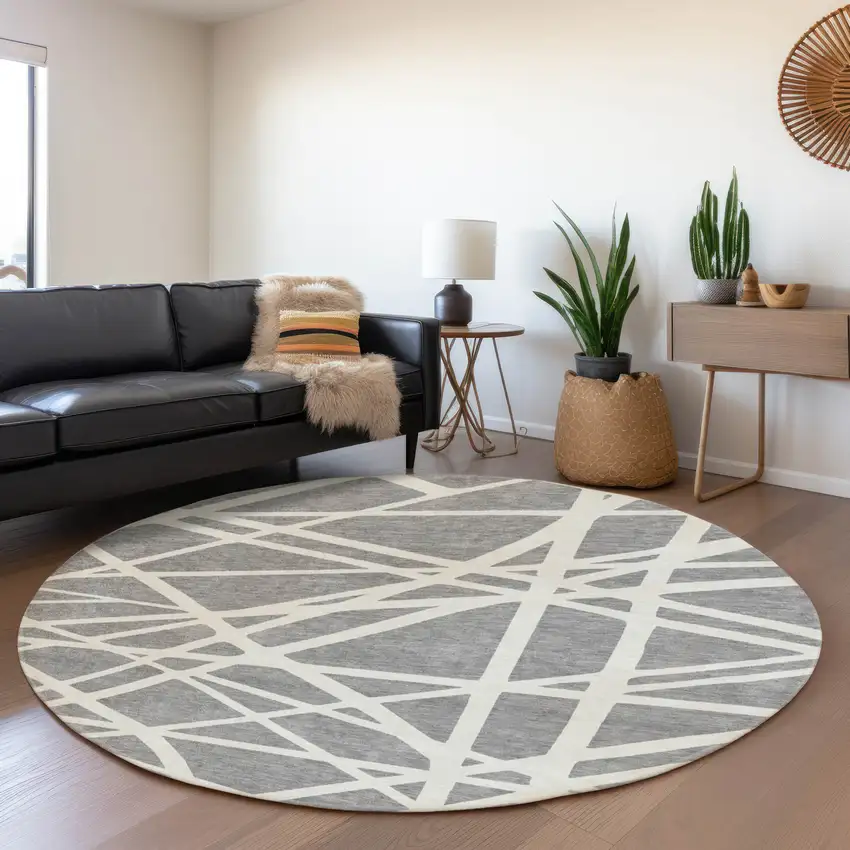 8' Gray And Ivory Geometric Washable Round Rug With UV Protection Photo 4