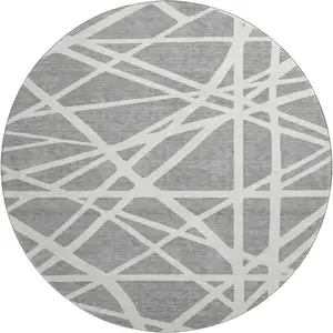 Photo of 8' Gray And Ivory Geometric Washable Round Rug With UV Protection