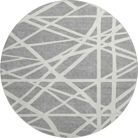 8' Gray And Ivory Geometric Washable Round Rug With UV Protection Photo 1