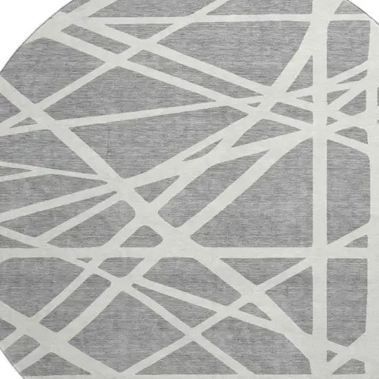 8' Gray And Ivory Geometric Washable Round Rug With UV Protection Photo 2