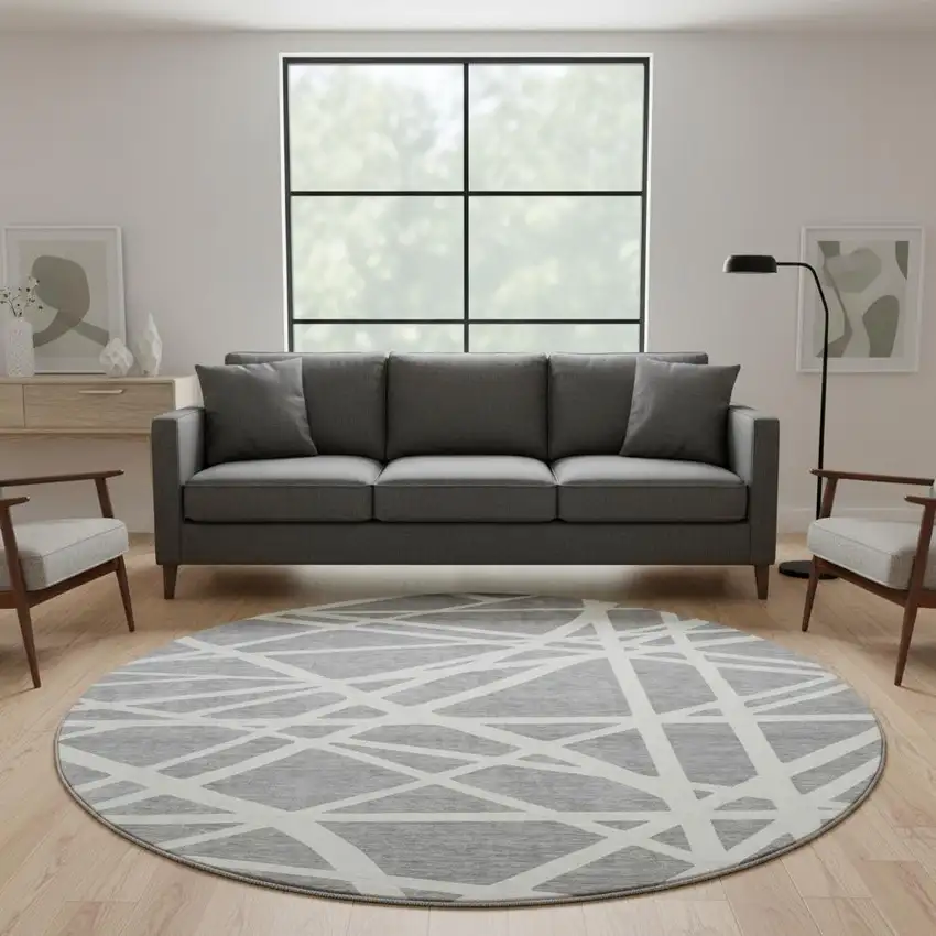 8' Gray And Ivory Geometric Washable Round Rug With UV Protection Photo 2