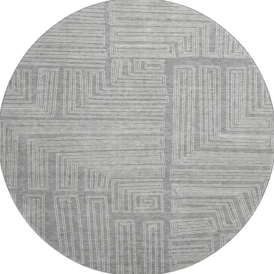 8' Gray And Ivory Geometric Washable Round Rug With UV Protection Photo 3