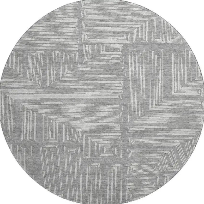 8' Gray And Ivory Geometric Washable Round Rug With UV Protection Photo 3
