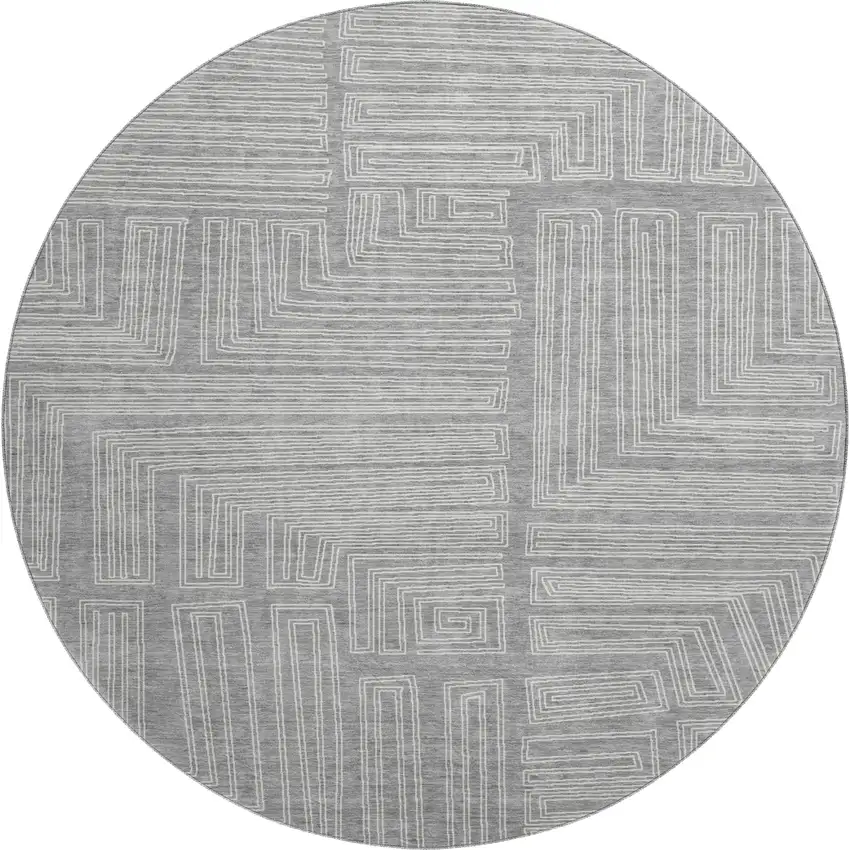 8' Gray And Ivory Geometric Washable Round Rug With UV Protection Photo 1