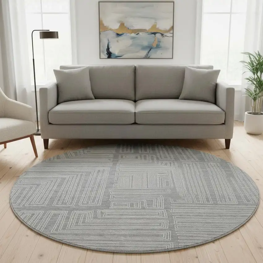 8' Gray And Ivory Geometric Washable Round Rug With UV Protection Photo 2