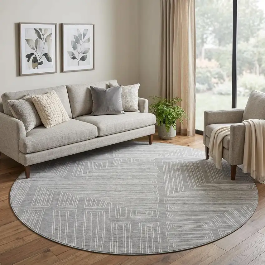 8' Gray And Ivory Geometric Washable Round Rug With UV Protection Photo 1