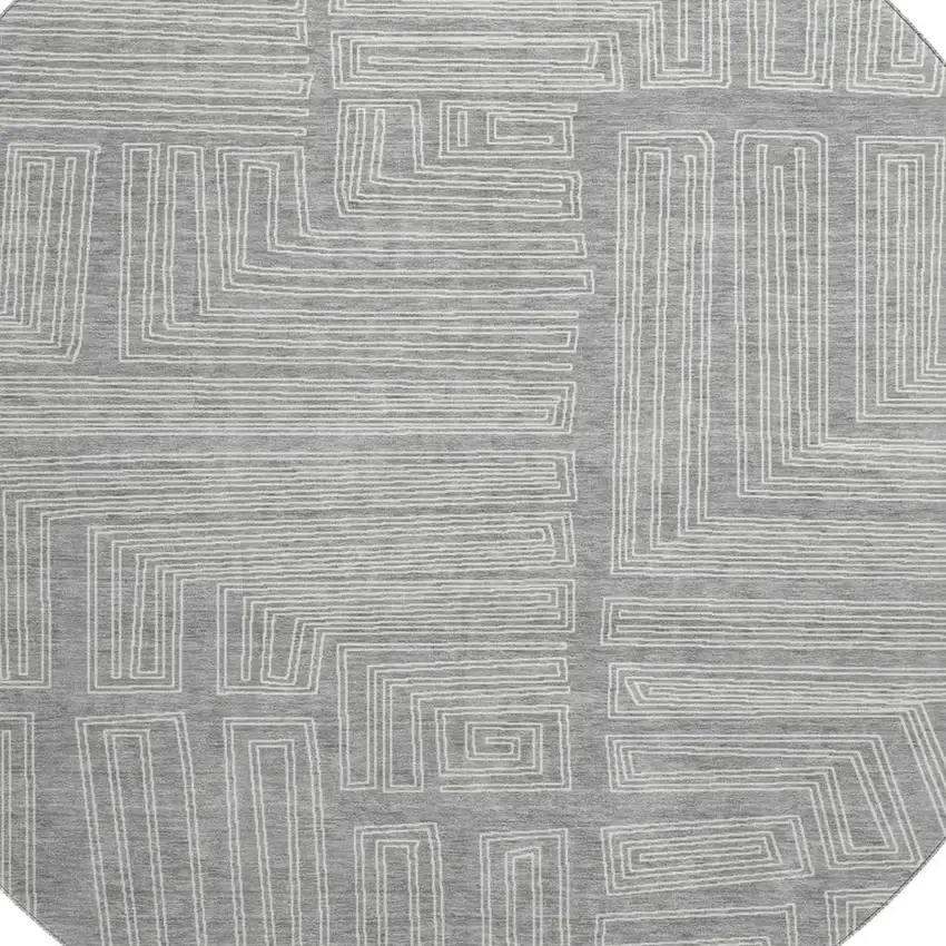 8' Gray And Ivory Geometric Washable Round Rug With UV Protection Photo 2