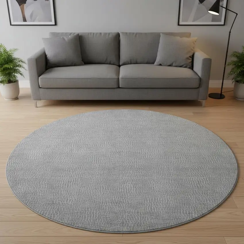 8' Gray And Ivory Geometric Washable Round Rug With UV Protection Photo 2