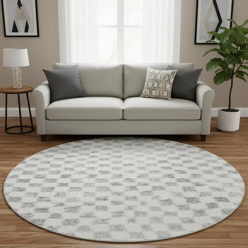 8' Gray And Ivory Geometric Washable Round Rug With UV Protection Photo 2