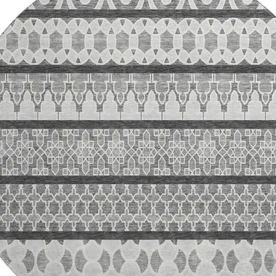 8' Gray And Ivory Ikat Washable Round Rug With UV Protection Photo 3