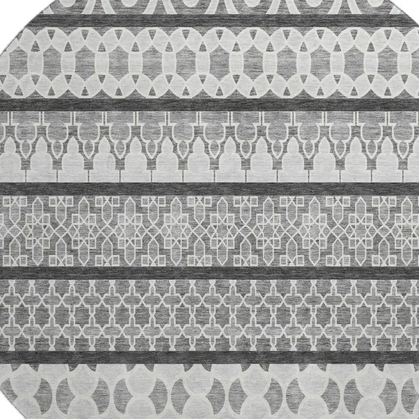 8' Gray And Ivory Ikat Washable Round Rug With UV Protection Photo 3