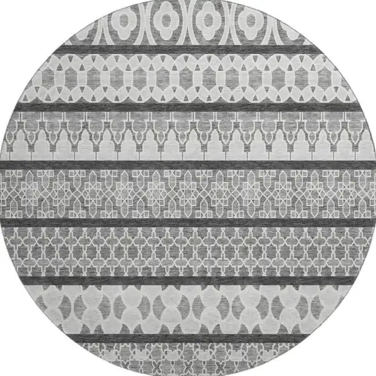 8' Gray And Ivory Ikat Washable Round Rug With UV Protection Photo 4