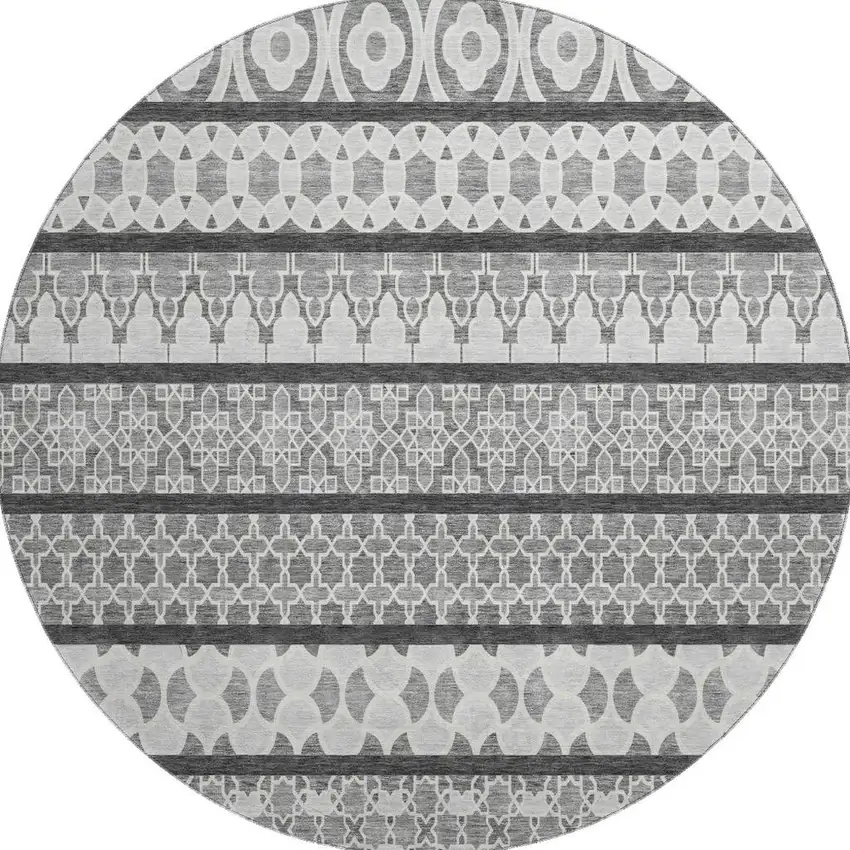 8' Gray And Ivory Ikat Washable Round Rug With UV Protection Photo 4
