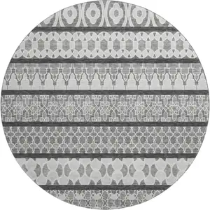 Photo of 8' Gray And Ivory Ikat Washable Round Rug With UV Protection