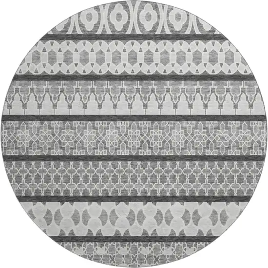 8' Gray And Ivory Ikat Washable Round Rug With UV Protection Photo 1