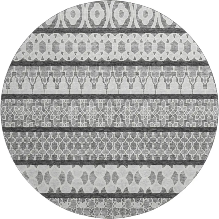 8' Gray And Ivory Ikat Washable Round Rug With UV Protection Photo 1