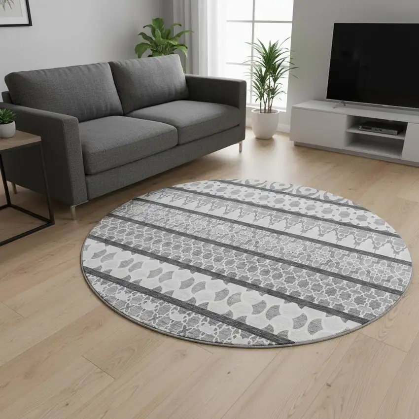 8' Gray And Ivory Ikat Washable Round Rug With UV Protection Photo 2