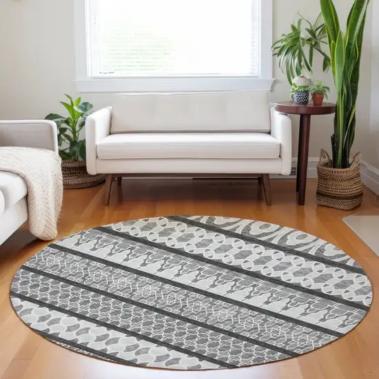 8' Gray And Ivory Ikat Washable Round Rug With UV Protection Photo 5