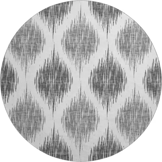 8' Gray And Ivory Ikat Washable Round Rug With UV Protection Photo 1