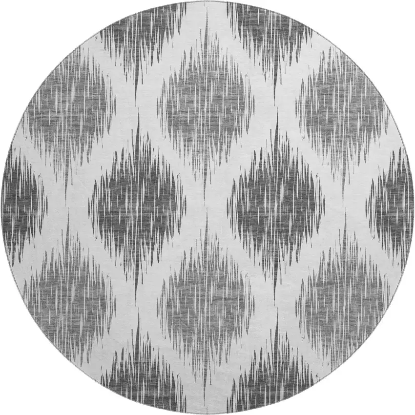 8' Gray And Ivory Ikat Washable Round Rug With UV Protection Photo 1