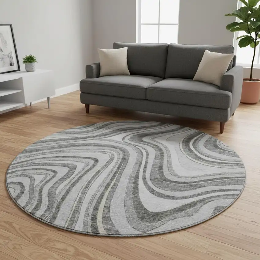 8' Gray And Ivory Marble Washable Round Rug With UV Protection Photo 2