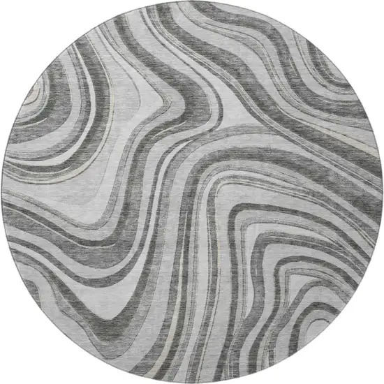 8' Gray And Ivory Marble Washable Round Rug With UV Protection Photo 4