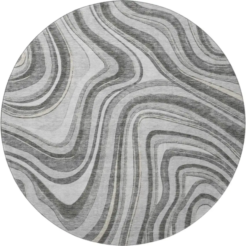 8' Gray And Ivory Marble Washable Round Rug With UV Protection Photo 4