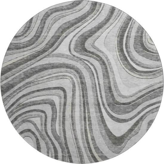 8' Gray And Ivory Marble Washable Round Rug With UV Protection Photo 1