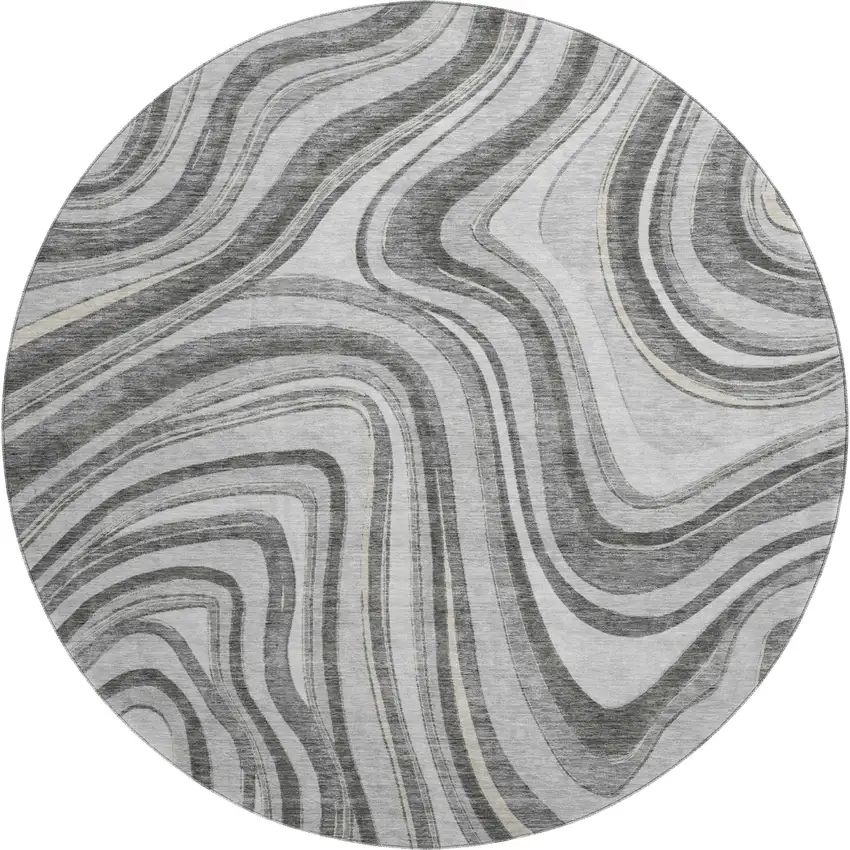 8' Gray And Ivory Marble Washable Round Rug With UV Protection Photo 1