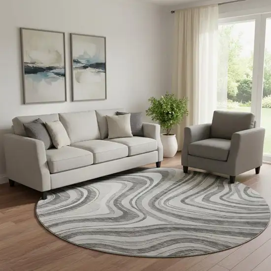 8' Gray And Ivory Marble Washable Round Rug With UV Protection Photo 1