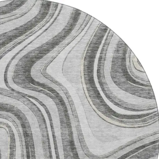 8' Gray And Ivory Marble Washable Round Rug With UV Protection Photo 3