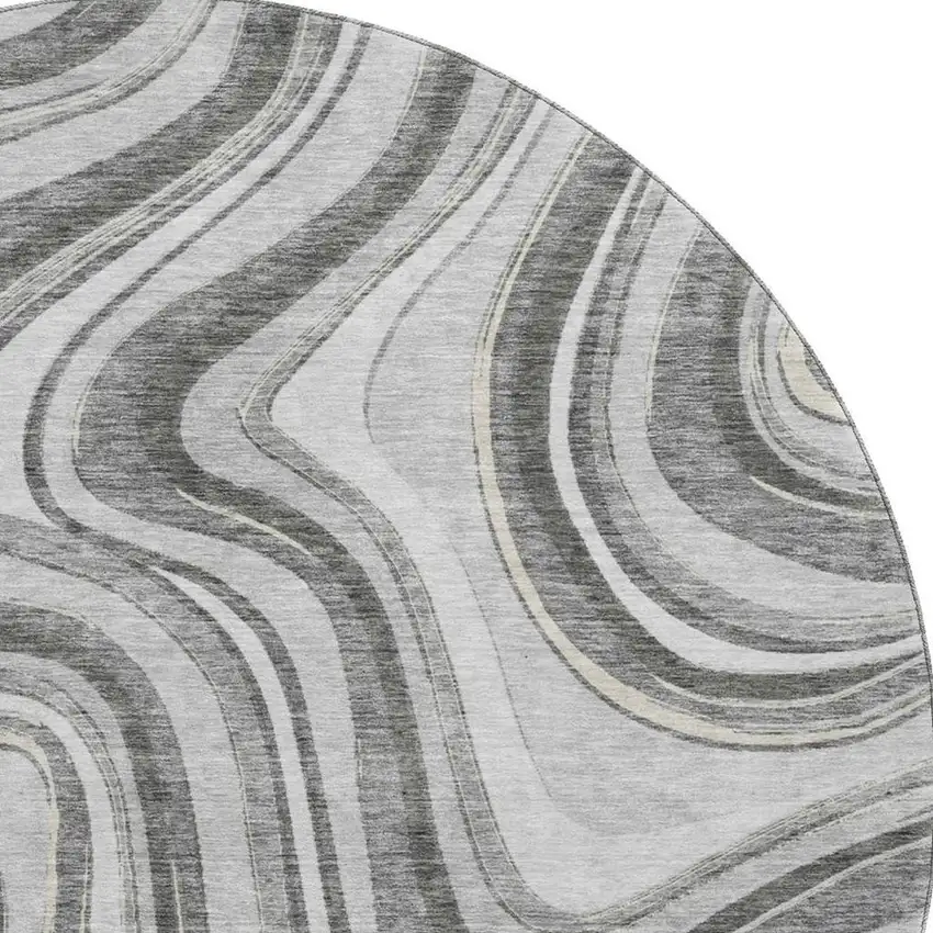 8' Gray And Ivory Marble Washable Round Rug With UV Protection Photo 3